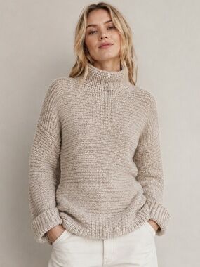 Lou & Grey LOFT Oatmeal Chunky Knit Alpaca Turtleneck Sweater XS